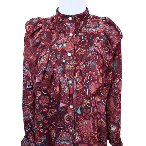 Ruffled Victorian Style Blouse Top LG Ruffles Feminine Retro‎ Burgundy Peacock - Picture 8 of 10